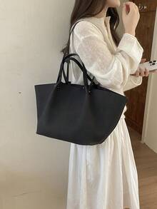 鱷魚壓紋紋理托特包，超大容量可裝書籍與其他物品，開口式無蓋設計，極簡優雅風格，適合職場通勤與日常出行的知性女性托特包 - 黑色 - 查看 3