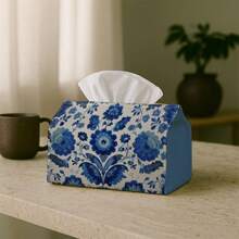 1pc Vintage Floral Design Tissue Box Cover - Blue Floral Pattern Tissue Box Holder, Multi-Functional Tissue Box, Suitable For Home, Car And Party Decoration, Perfect For Christmas, Halloween And Daily Use - A - View 3