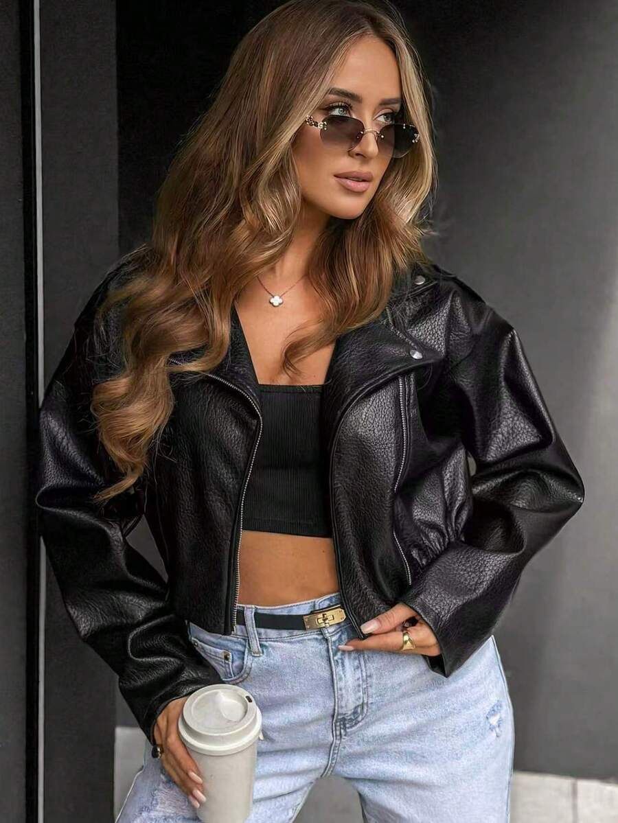 Women's PU Leather Motorcycle Jacket With Lapel Collar, Zipper, Litchi Texture, Loose Fit, Elastic Waist, Short Length, Spring/Autumn - Black - View 1