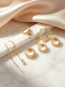 6Pcs Women Gold Ear Stacking Earrings, CZ Inlaid Huggie Hoops & Chain Threader Dangle Piercing Jewelry Gift - Yellow Gold - View 4