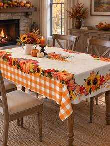 1pc Fall Pumpkin Sunflower Tablecloth, Polyester Rectangular Table Cover With Orange Gingham, Maple Leaf And Floral Border Print, Autumn Decor, Fall Home Decor, Interior Decor, Thanksgiving, Autumn Party, Interior Decoration, Kitchen Decor - Multicolor - View 6