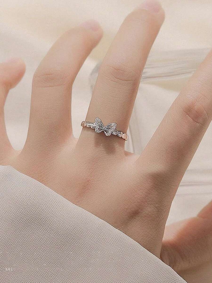 1 buah Cincin Zirkonia Kupu-kupu, Desain Unik, Perhiasan Cincin Jari Telunjuk Terbuka Serbaguna Minimalis Kelas Atas - Perak - View 1