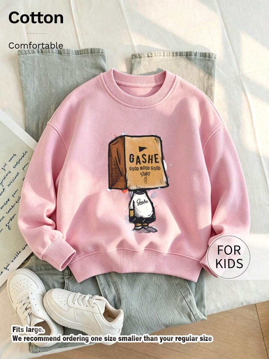 Kids Cotton Long Sleeve Crew Neck Sweatshirt With Gashe Letter & Box Head Cartoon Graphic Print Casual Pullover For Kids - Pink - View 1