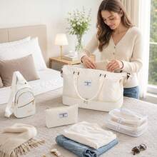 4‑Piece Quilted Travel Bag Set Weekender Duffle With Shoe Compartment Sling Backpack Cosmetic & Mesh Toiletry Pouch - White - View 3