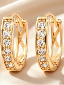 1 Pair 18K Fashion Women's Elegant Lightweight Copper Zirconia Earrings, Suitable For Daily Wear, Home, Dating, Gift Giving - Gold - View 5