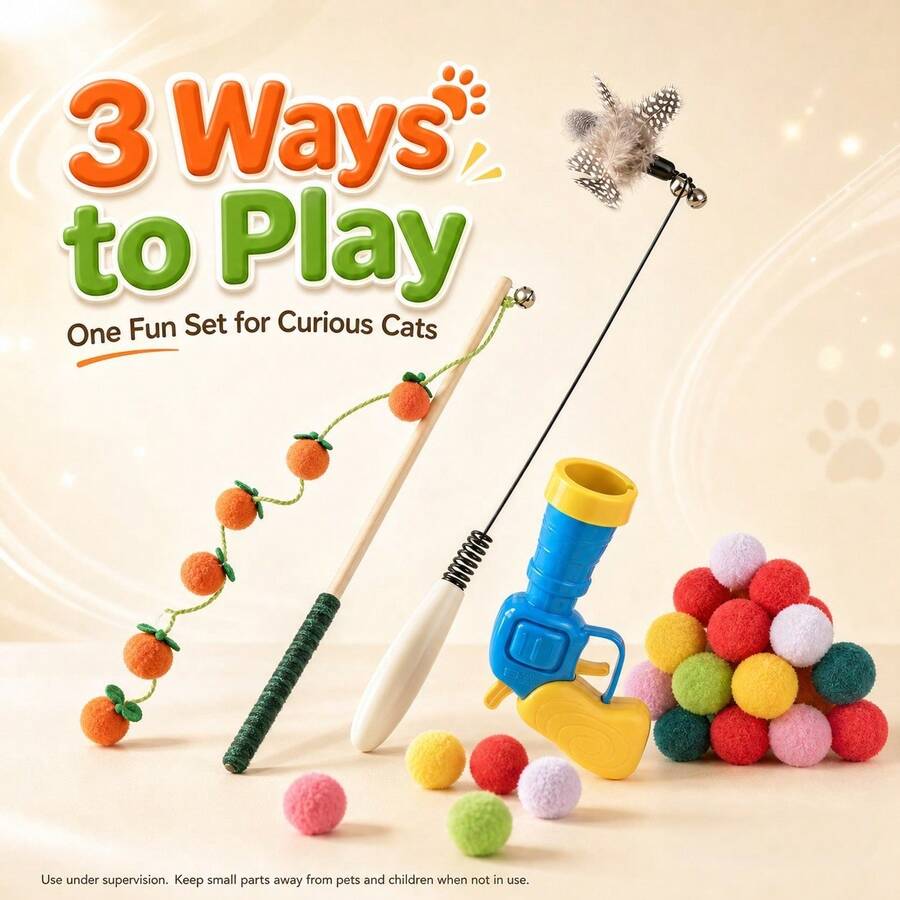 7Alas 4Pcs Interactive Cat Toy Set, Feather Teaser Wand & Plush Puffball Launcher With 20 Soft Balls, Lightweight Handheld Exercise Training Kitten Toys For Indoor Chasing Pouncing Home Playroom Fun