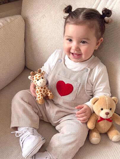 Baby Girl Red Embroidered Casual Khaki Overalls, Comfortable Cute Playful Korean Ins Style, Autumn/Winter