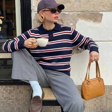 Women's Preppy Striped Long Sleeve POLO Knit Sweater, With Button Details, Ribbed Cuffs, Autumn/Winter Regular Fit Pullover - Navy Blue - View 5