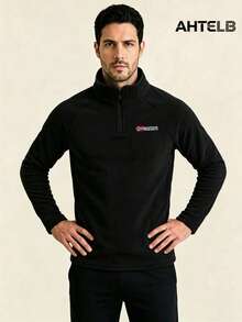 AHTELB Men's Outdoor Functional Half-Zip Stand Collar Fleece Pullover, Exquisite Embroidered Letter Sports Sweatshirt - Black - View 4