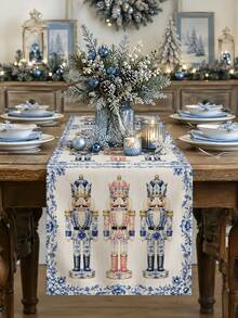 Taplak Meja Natal, Sarung Bantal, Alas Piring, Taplak Meja Motif Prajurit Nutcracker Gaya Porselen Biru Putih, Dekorasi Rumah Liburan Natal, Dekorasi Pesta Ruang Makan Dapur - MultiWarna - View 2