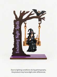 1pc Halloween Witch & Black Cat Swing Desktop Ornament, Tree Design With Pumpkin, Owl And Bat, Suitable For Desktop, Bookshelf And Home Party Decoration - Multicolor - View 7
