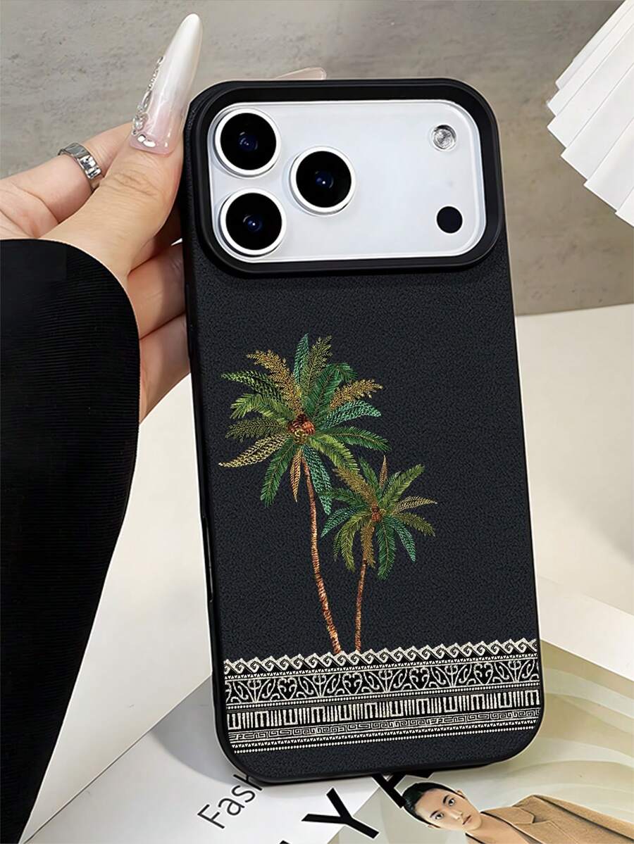 1pc 2D Printed Palm Tree Pattern Phone Case, Saudi Arabian Style Popular Creative Premium Design, Waterproof Durable Dustproof Fashion Minimalist With Camera Protection Black Matte Feel Full Coverage Protective Phone Case, Suitable As Easter, Christmas, Halloween, Birthday Gift For Girlfriend, Boyfriend, Friends Or Self-Use, Compatible With 18 Pro/18 ProMax, Compatible With Galaxy Series Models - Black - View 1