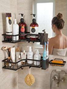 3/2/1pc No‑Drill Adhesive Corner Shower Shelf Set, With Soap Dish & 12 Hooks, Wall‑Mounted Space‑Saving Storage Rack, Practical Home‑DIY Supply, Hot Hardware For Shower Bath Room Household Tidy‑Up Projects - Multicolor - View 6