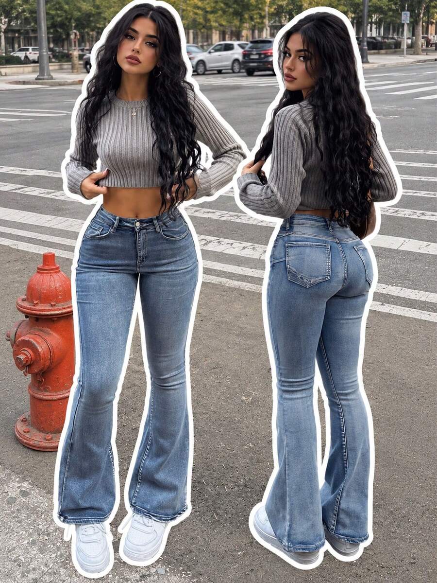 Jeans Skinny Acampanados Estilo Vacaciones Casual Ins Lavados con Bigotes de Gato para Mujer Primavera Otoño - Azul - Ver 1