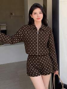 abyoxi Ensemble 2 pièces femme veste courte zippée à col revers manches longues à pois marron & blanc et mini short taille haute, vintage, décontracté, rendez-vous, rentrée scolaire, sortie, trajet quotidien, tenue automne/hiver - Pois marron - Voir 4