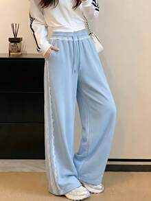 JUTUQU Spring Autumn Winter Lace Patchwork Light Blue Casual Pants Women Spring Elastic Waist Ins Korean Style Chic Sweet Cool Ruffle Sweatpants Commute Outfit - Light Blue - View 7