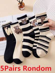 3/5 Pairs Women Sport Cute Bear & Striped Pattern Feather Mesh Mid-Calf Socks, Non-Slip Crew Socks, Suitable For All Seasonsr, For Home, Commute, Date, School, Holiday Gifts,Random Colors - Multicolor - View 11