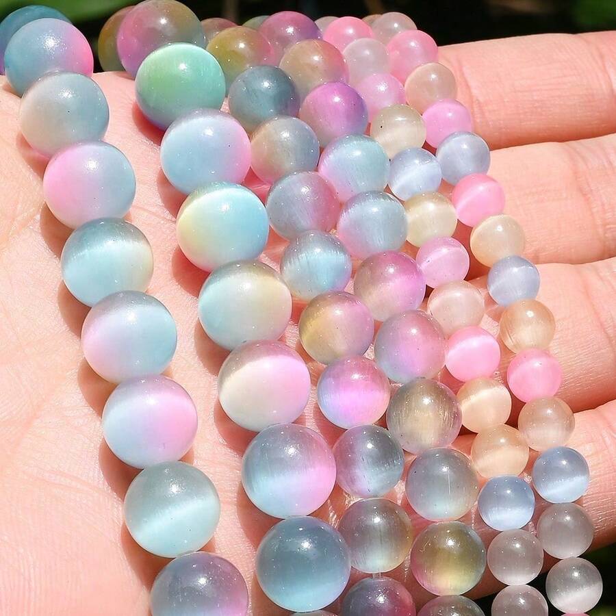 1 Strand 6/8/10mm Rainbow ThreeColor Cat Eye Natural Stone Beads, For DIY Jewelry Bracelets, Necklaces, Dreamy Style,Crafts Gifts - Stone - View 1
