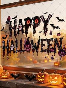 1pc 2D Flat Printed Halloween Happy Halloween Letter Pumpkin Ghost Window Sticker, Creative DIY Self-Adhesive Removable Double-Sided Visible PVC Decorative Sticker, Living Room Bedroom Dining Room Floor-To-Ceiling Window Holiday Atmosphere Store Decoration Door Window Glass Beautification Sticker - one-size - View 7