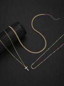3pcs Fashion Minimalist Rhinestone Cross Pendant Layered Necklace Set For Women, Daily Wear, Vacation, Date, Travel, Perfect Gift Choice - Yellow Gold - View 6