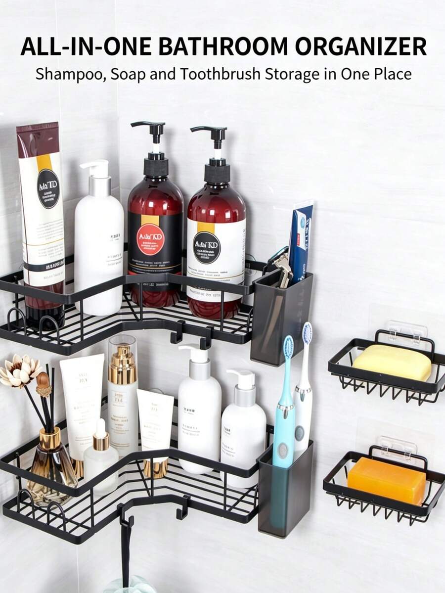 1pc Multi-Piece Set, No-Drill Rust-Proof Iron Bathroom Corner Shelf, With Hollow Design, Hooks And Toothbrush Holder, Modern Minimalist Matte Black L-Shaped Wall-Mounted Shelf, For Bathroom Toiletries Storage, Suitable For Home Use All Year Round - Black - View 1
