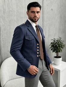Blazer Pria Warna Biru Tua Gaya Vintage Berburu, Desain Kasual Modis, Jaket Jas Musim Semi/Gugur untuk Pemakaian Sehari-hari - Navy Blue - View 4
