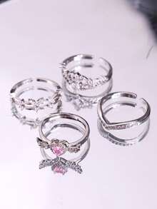 4pcs Set Premium Elegant Fashion Exquisite Shiny Unique Crown Heart Butterfly Geometric Copper Inlaid Zirconia Pink Diamond Ring Set For Women Daily Wear Holiday Party Jewelry - Multicolor - View 5