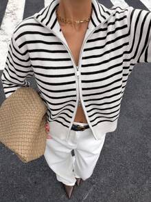 Women's Winter Streetwear Preppy Style Black & White Striped Double Zipper Cardigan Sweater Jacket - Black and White Stripes - View 5