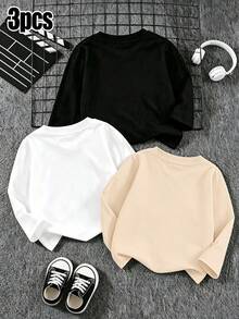 3 st/set söta långärmade T-shirts för små flickor, set med rundhalsade T-shirts med hjärt-, leopard-, prästkragemönster och fjärilsmönster, vår/höst - Multifärgad - Visa 2