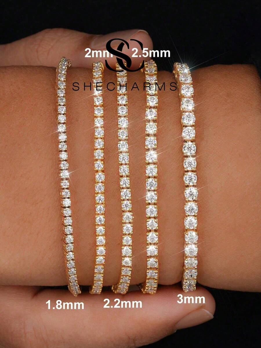 1件裝 2-3mm 亮面四爪全鑲鑽手鍊 S號 女款 迷人情人節精緻女性珠寶禮物