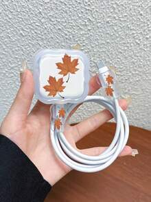 3pcs Maple Leaf Pattern Data Cable Charger Wave-Shaped Protective Cover Set, Compatible With UK Standard 20W Apple Charger, Transparent Anti-Shatter Cover, Protects Phone, 3-Prong Charger, Cable Protective Cover - Multicolor - View 1