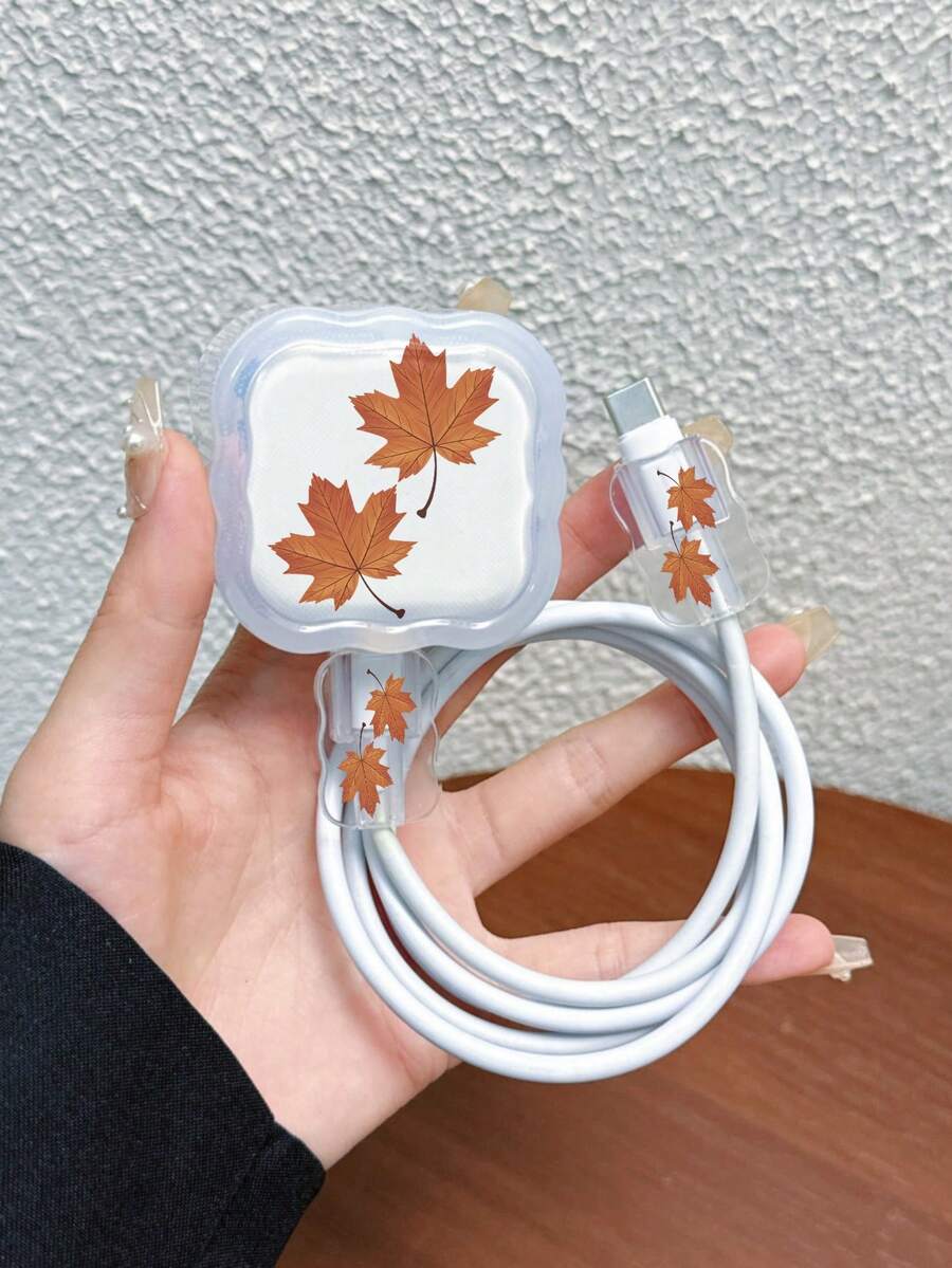 3pcs Maple Leaf Pattern Data Cable Charger Wave-Shaped Protective Cover Set, Compatible With UK Standard 20W Apple Charger, Transparent Anti-Shatter Cover, Protects Phone, 3-Prong Charger, Cable Protective Cover - Multicolor - View 1