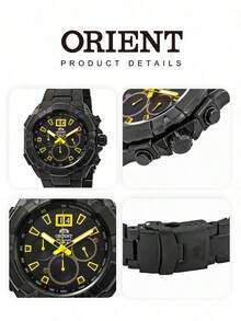 Orient Series All Black Luminous Yellow Hands Elite Series Analog Dial Large Date Chronograph Stainless Steel Band Sports Racing Tactical Social Men's Watch - Black - View 5