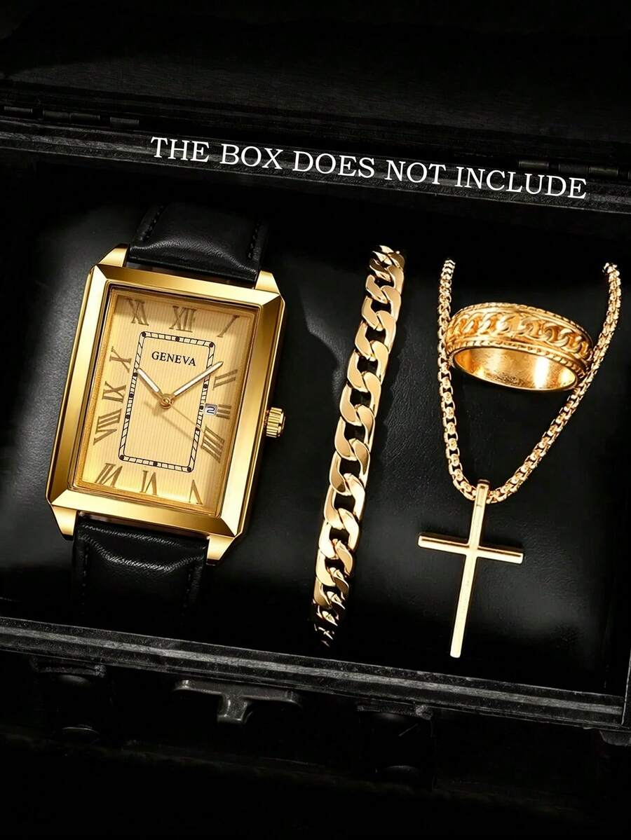 4-Piece Fashion Business Casual Men's Watch Set, Square Dial Leather Strap Quartz Watch, Paired With Personalized Chain Bracelet, Cross Pendant Necklace, Ring Jewelry Set, Suitable For Men's Gift, Applicable For Holiday, Business, Party And Daily Wear
