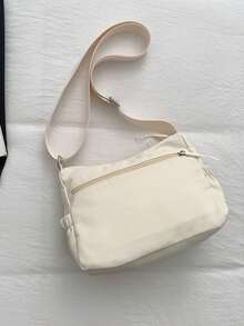 Tas Selempang Wanita Kasual Warna Polos Baru dari Nilon dengan Banyak Lapisan - Tas Serbaguna untuk Komuter dengan Banyak Kantong, Warna Beige - Krem - View 10