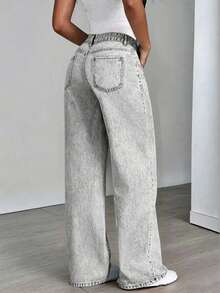 Jeans de pierna recta y ajuste holgado con bolsillos para adolescentes, casuales y versátiles - Gris - Ver 3