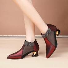 Fashion Rhinestone Lace Mesh Ankle Boots Women Pointed Toe Asymmetric Heel Back Zipper Breathable Chunky Heel Mom Fashion Ankle Boots - Burgundy - View 1
