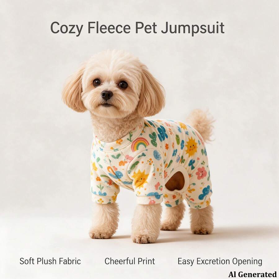 Opjoys 1pc Cute Hand-Drawn Sun Expression Rainbow Print Dog Jumpsuit, Skin-Friendly Knitted, Warm Belly Protection Anti-Shedding, Suitable For Small And Medium Dogs, Bichon, Teddy - White - View 1