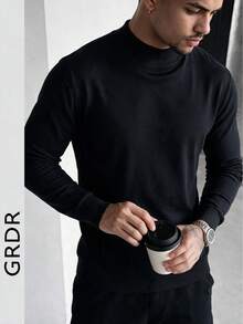 GRDR 男士純色黑色假領羊毛毛衣，秋冬輕商務休閒針織套頭底層上衣 - 黑色 - 查看 3