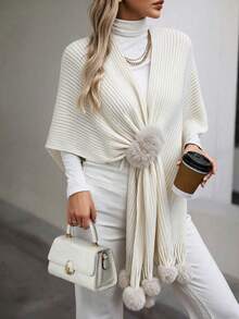 SEREN Women's New Elegant Versatile Shawl, Pom Pom Design Knit Top, Suitable For Daily Wear And Gatherings - Beige - View 3