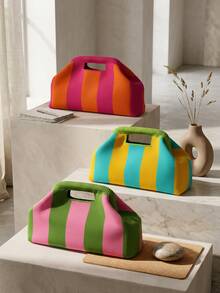 New Fashion Colorblock Striped Knit Handle Tote Bag, Foldable Clutch, Women's Wallet, Suitable For Party, Travel, Campus Daily Use - Color-blocked Stripes - View 3