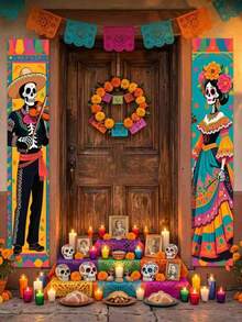 2D Flat Banner 2pcs Set Day Of The Dead Decorations, Mexican Day Of The Dead Door Curtain, Skeleton Musician And Dancer Pattern Door Curtain Background, Skeleton Musician And Dancer Pattern, Vintage Style Skeleton And Marigold Decoration - Multicolor - View 5