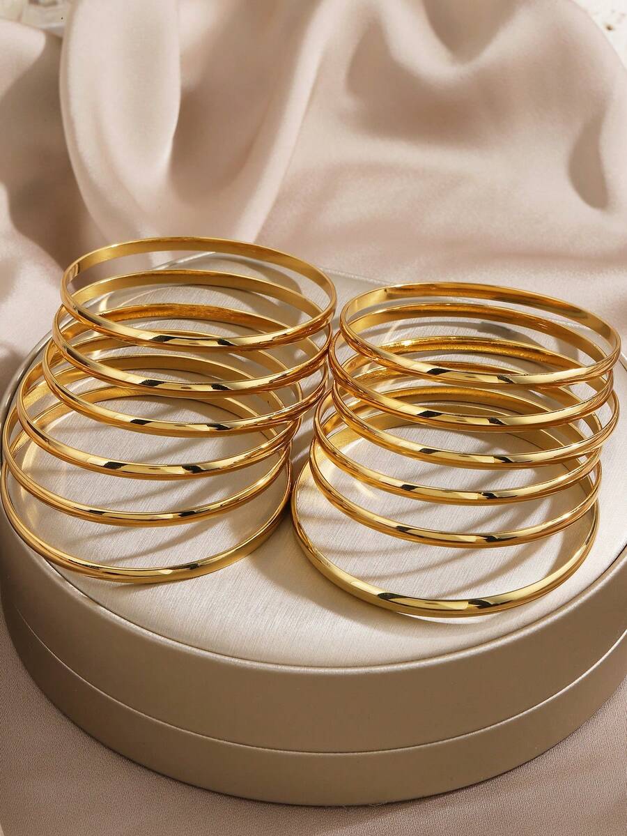 1/3/6/12pcs Stainless Steel Fashion Popular Curved Round Bangle Suitable For Women Daily Wear And Party - Yellow Gold - View 1
