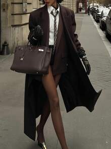 Autumn/Winter New Women's French Style Premium Long Blazer Coat, Oversized Silhouette With Large Lapel, Double-Breasted, Padded Shoulders And Side Slits, Suitable For Urban Street Style, Office And Party Outfits - Burgundy - View 3