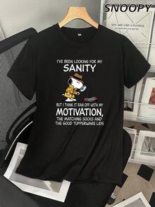 Cute Snoopy Women's T-Shirt "I'VE BEEN LOOKING FOR MY SANITY" Letter Print Crew Neck - Black - View 3