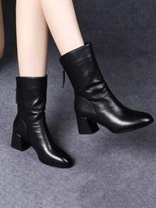 Women's Chunky Heel Mid-Calf Fashion Boots, Soft Leather Ruched Stacked Boots, Back Zipper, Autumn/Winter Commuter Ankle Boots - Black - View 4