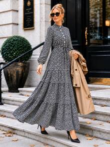 Women's A-Line Floral Maxi Dress With Long Sleeves - Navy Blue - View 2