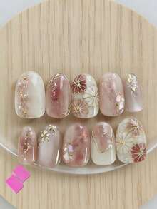 10pcs Handmade Press-On Nails, Long Oval Shape, Y2K Style, Premium Pink & White Gradient, Gold Flower & Shell Design With Hand-Painted Gold Lines And Pearl Decor, Pink & Gold Nails, Suitable For Daily Wear - Red and White - View 8