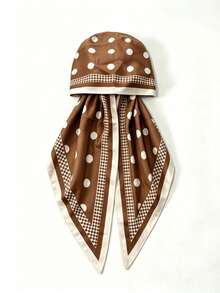 1Pc Muslim Women Polka Dot Pre‑Tied Hijab, Satin Integrated Headscarf, Decorative Border Print Modest Hijab For Daily Prayer Wear - Brown - View 5