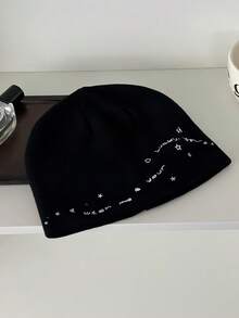 1pc 2026 New Korean Style Embroidered Knit Beanie For Women, Autumn/Winter Versatile, Large Head Circumference, Face-Slimming Skull Cap - Multicolor - View 11